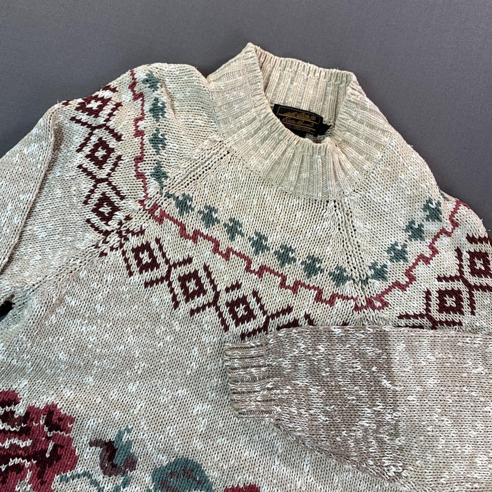 VTG Eddie Bauer Sweater Women LG Beige Rose Floral Mock Neck Cotton Knit 90s